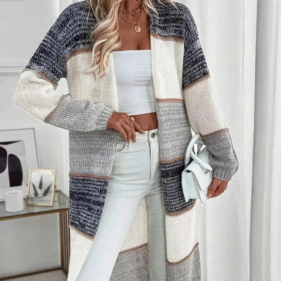 Multicolor Casual Women's Patchwork Loose Dual Pocket Long Cardigan - Picture 3 of 6